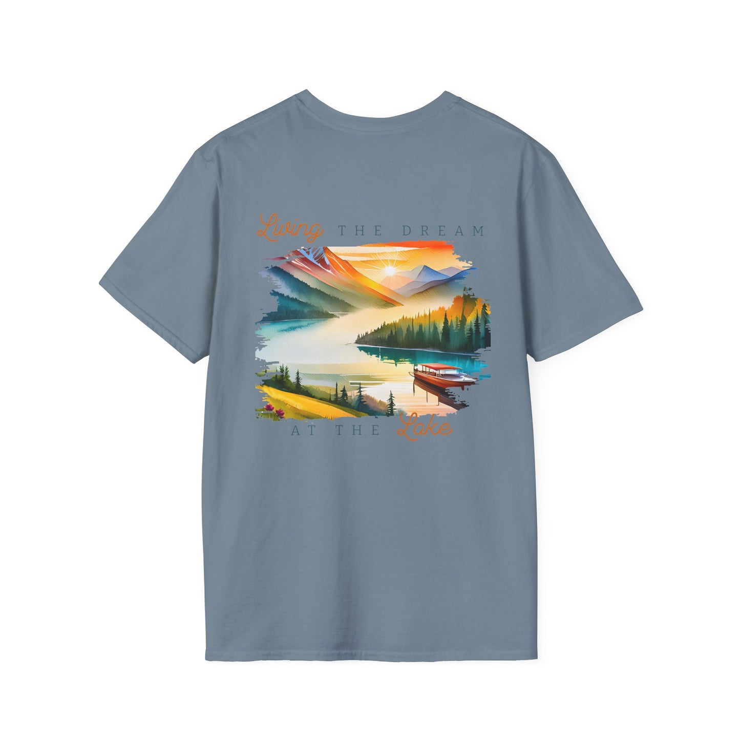 Lake Life T-Shirt — "Living the Dream at the Lake" Boat & Mountain Scene