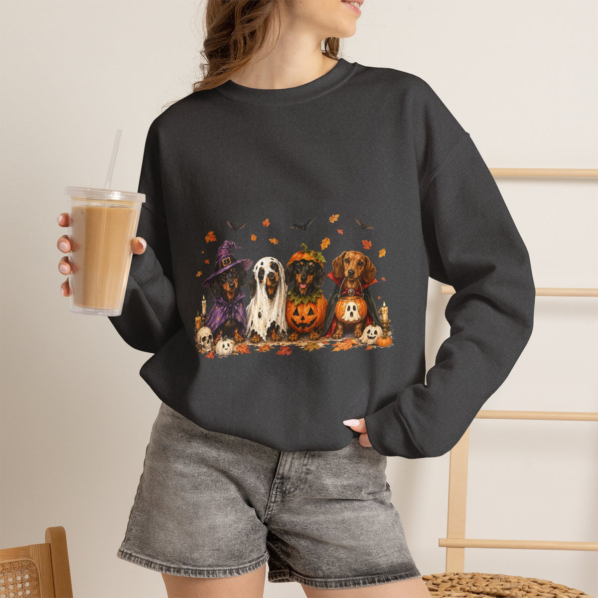 Halloween Dogs Crewneck Sweatshirt — Cute Pups in Witch Hats & Jack‑o’‑Lanterns