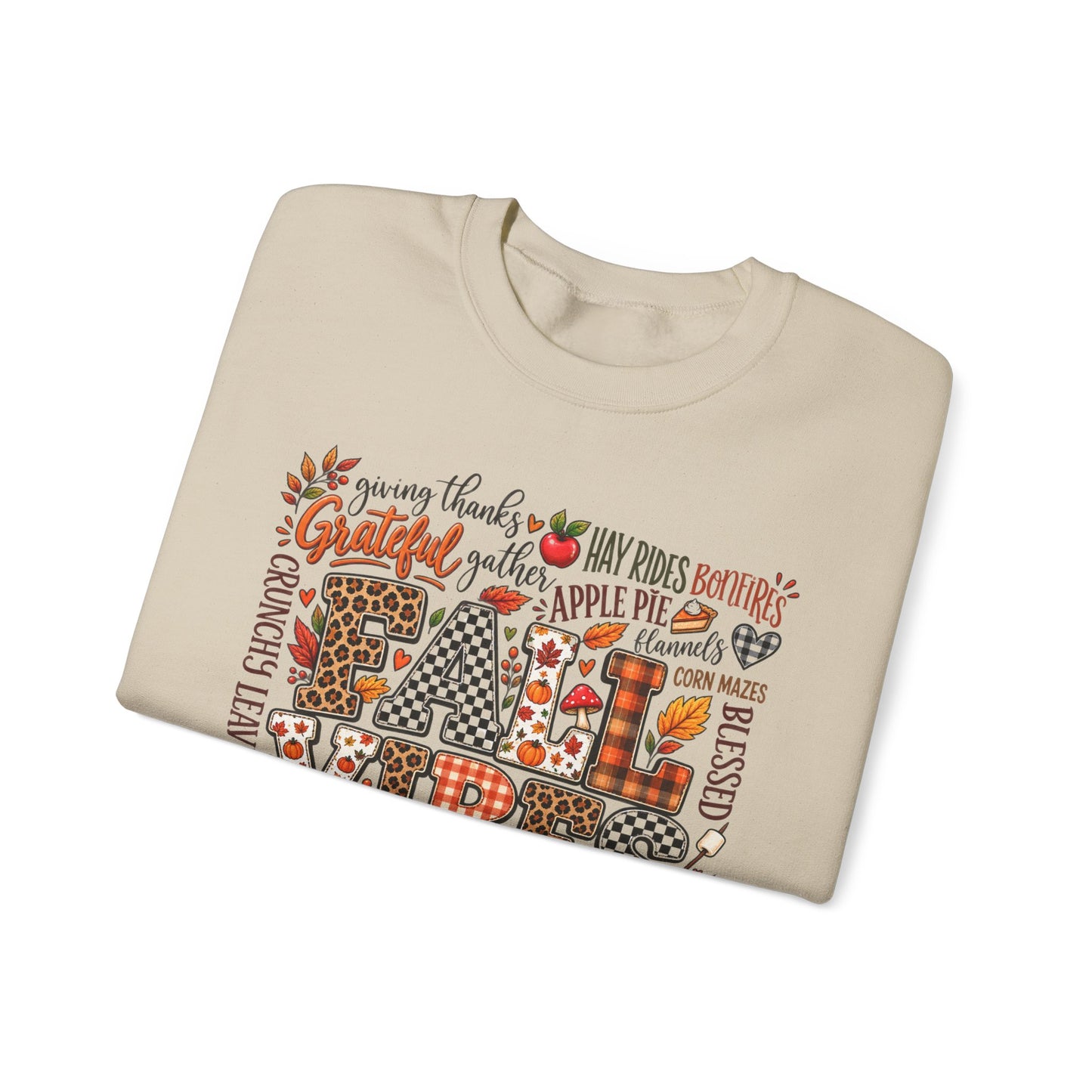 Fall Vibes Crewneck Sweatshirt — Autumn Leaves, Pumpkins & Cozy Plaid Design