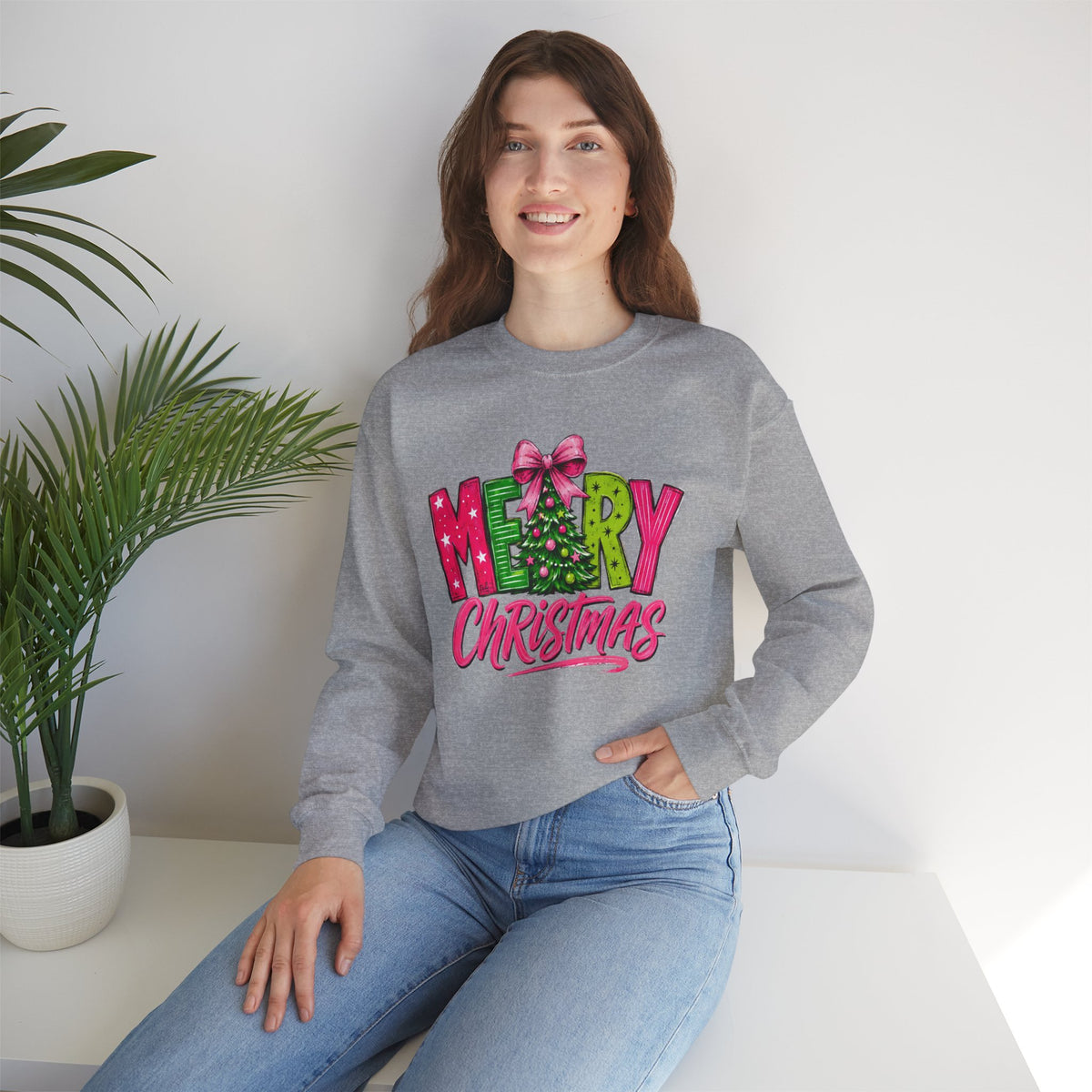 Crewneck Sweatshirt — Merry Christmas Pink & Green Holiday Tree Graphic