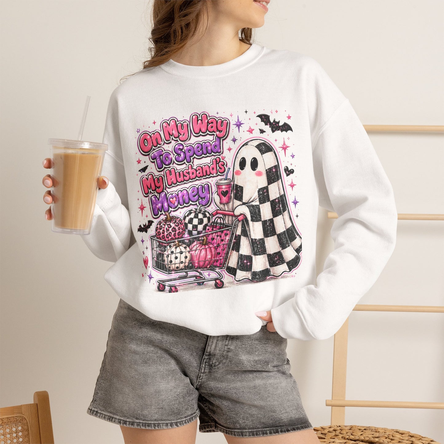 Ghost Shopping Crewneck Sweatshirt — "On My Way to Spend My Husband’s Money" Cute Gothic Halloween Pullover