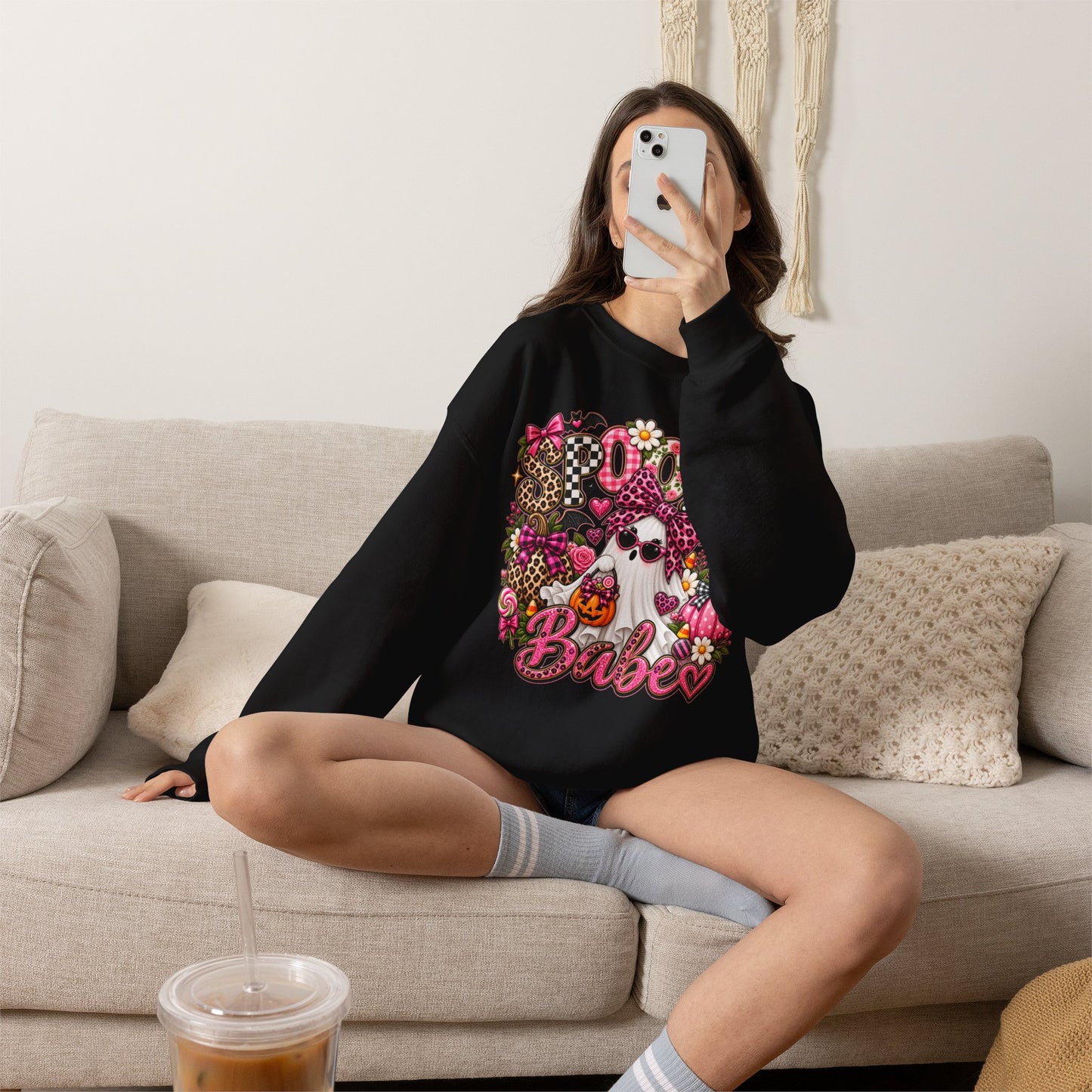Crewneck Sweatshirt — 'Spooky Babe' Cute Halloween Ghost Graphic