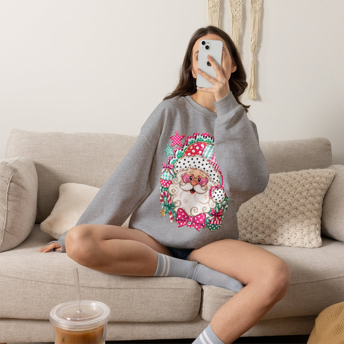 Pink Patchwork Santa Sweatshirt — Cute Christmas Crewneck for Women & Kids