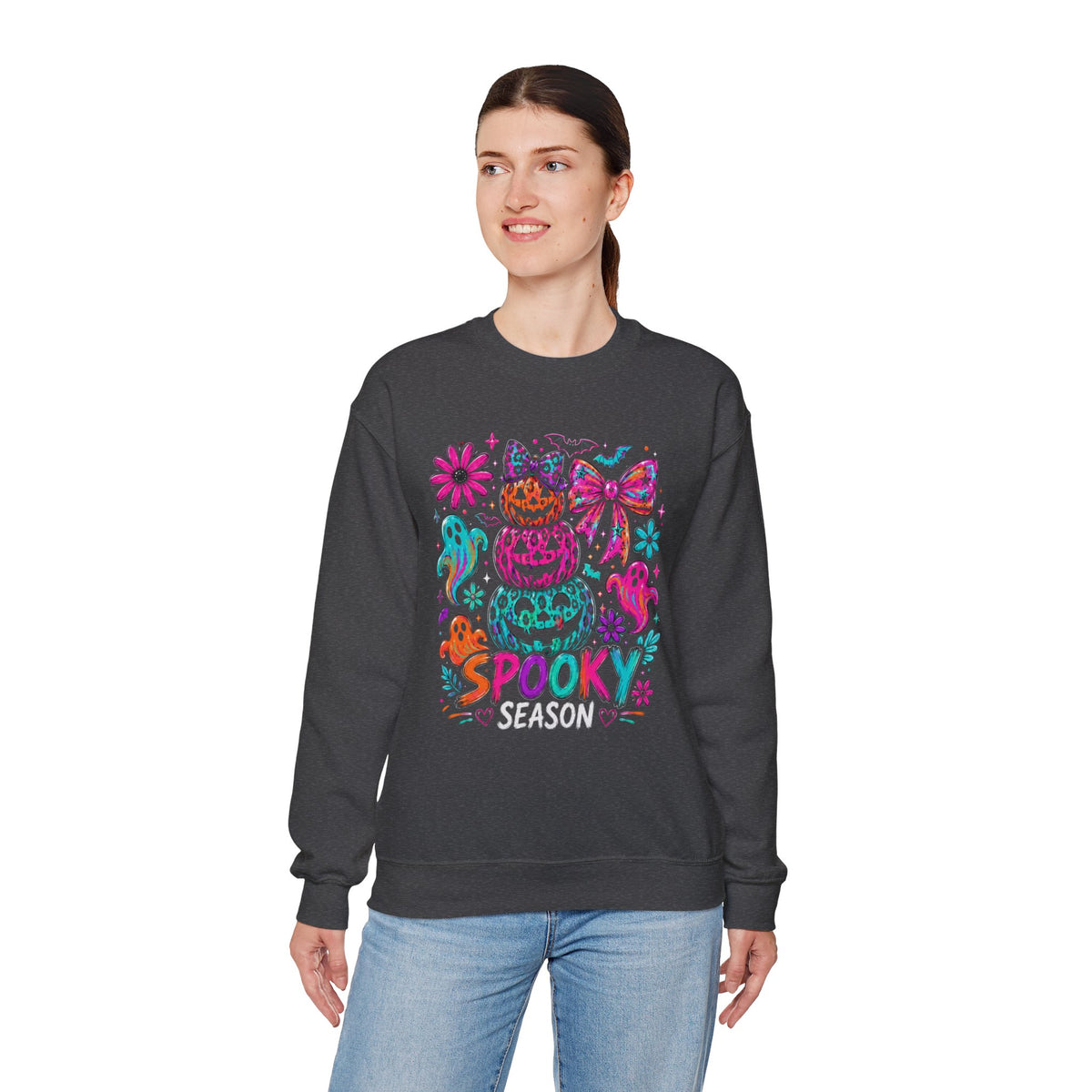 Spooky Season Sweatshirt — Colorful Neon Halloween Pumpkin & Ghost Crewneck