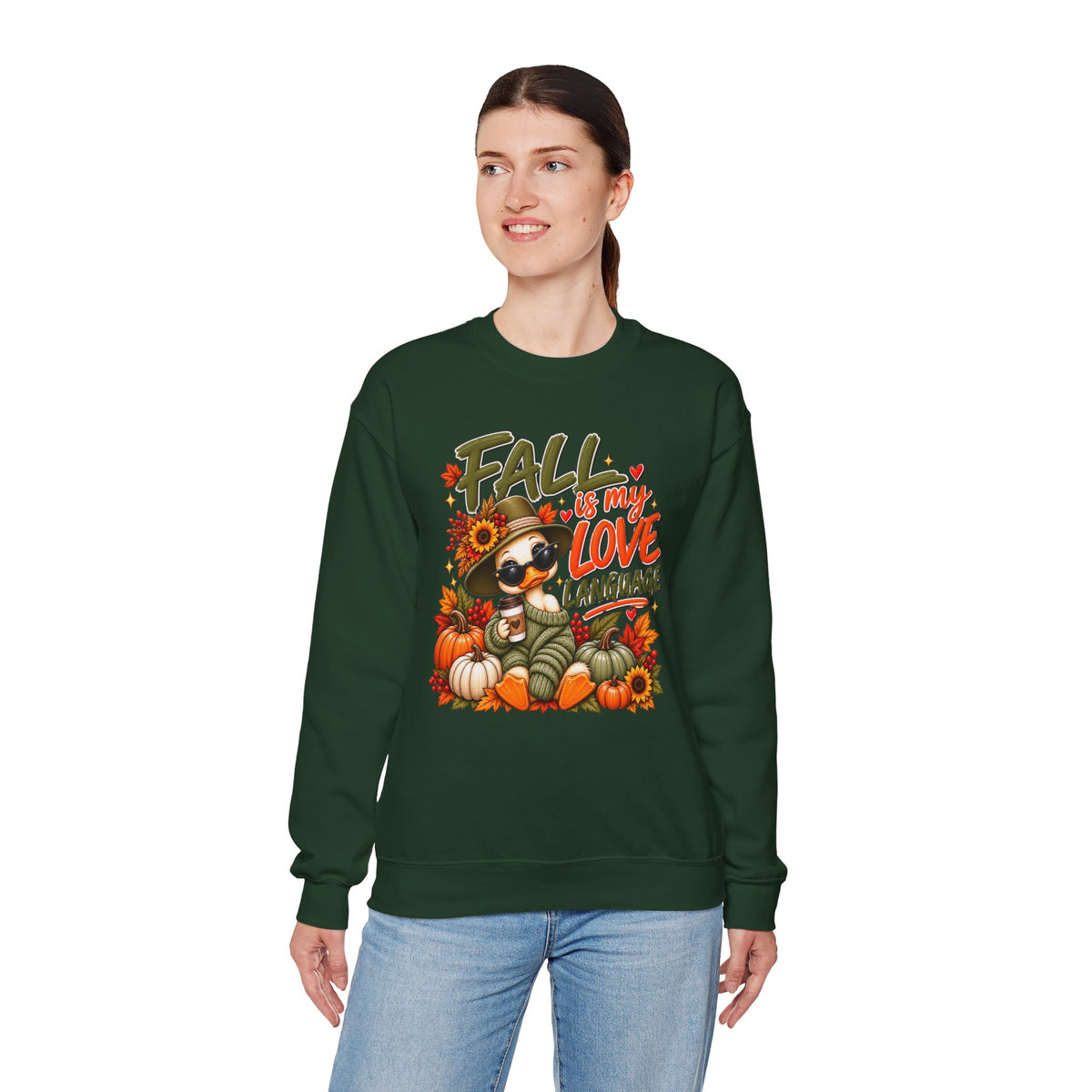 Fall Is My Love Language Sweatshirt — Cute Duck & Pumpkin Autumn Crewneck