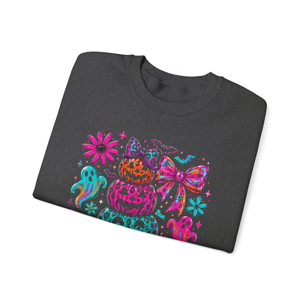 Spooky Season Sweatshirt — Colorful Neon Halloween Pumpkin & Ghost Crewneck