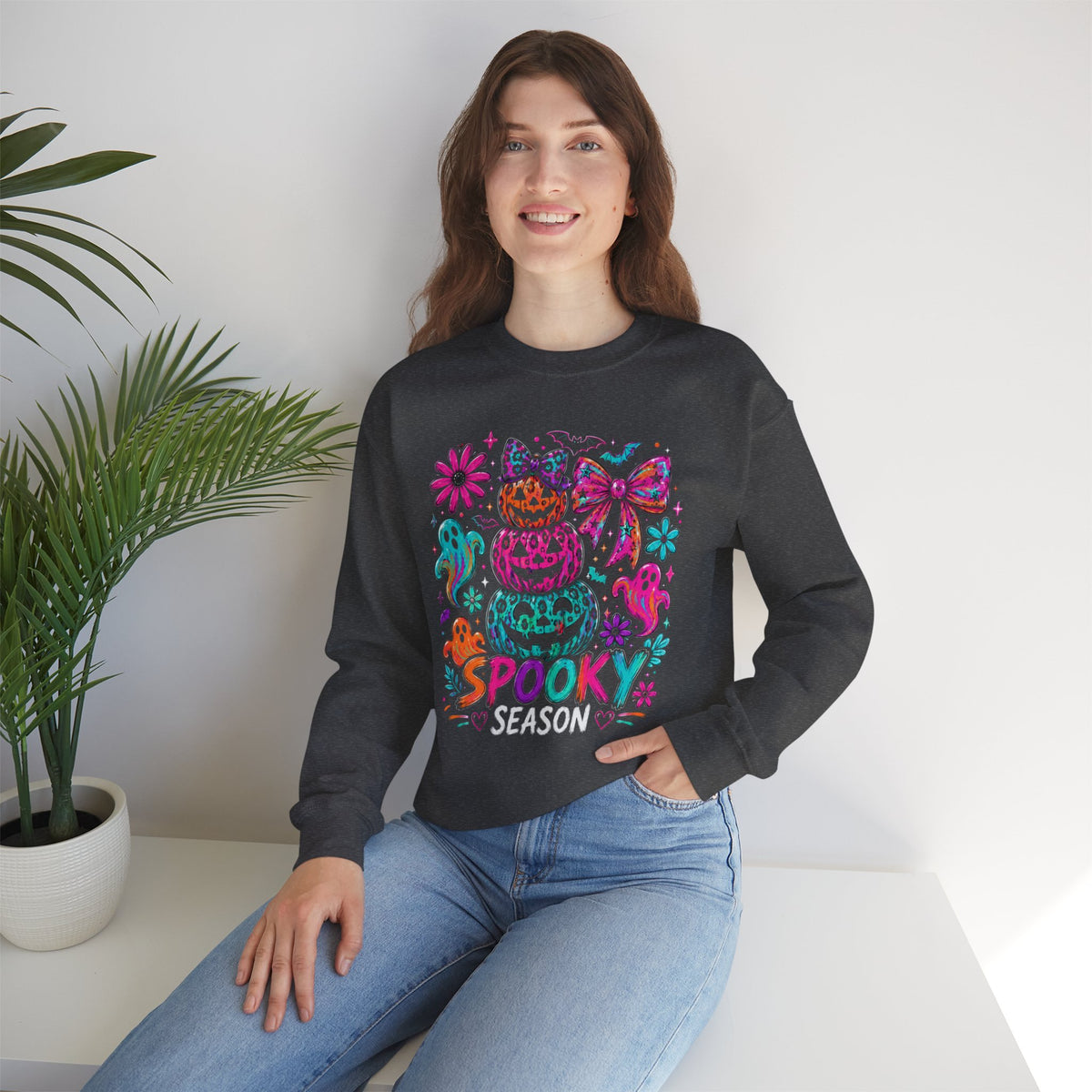 Spooky Season Sweatshirt — Colorful Neon Halloween Pumpkin & Ghost Crewneck