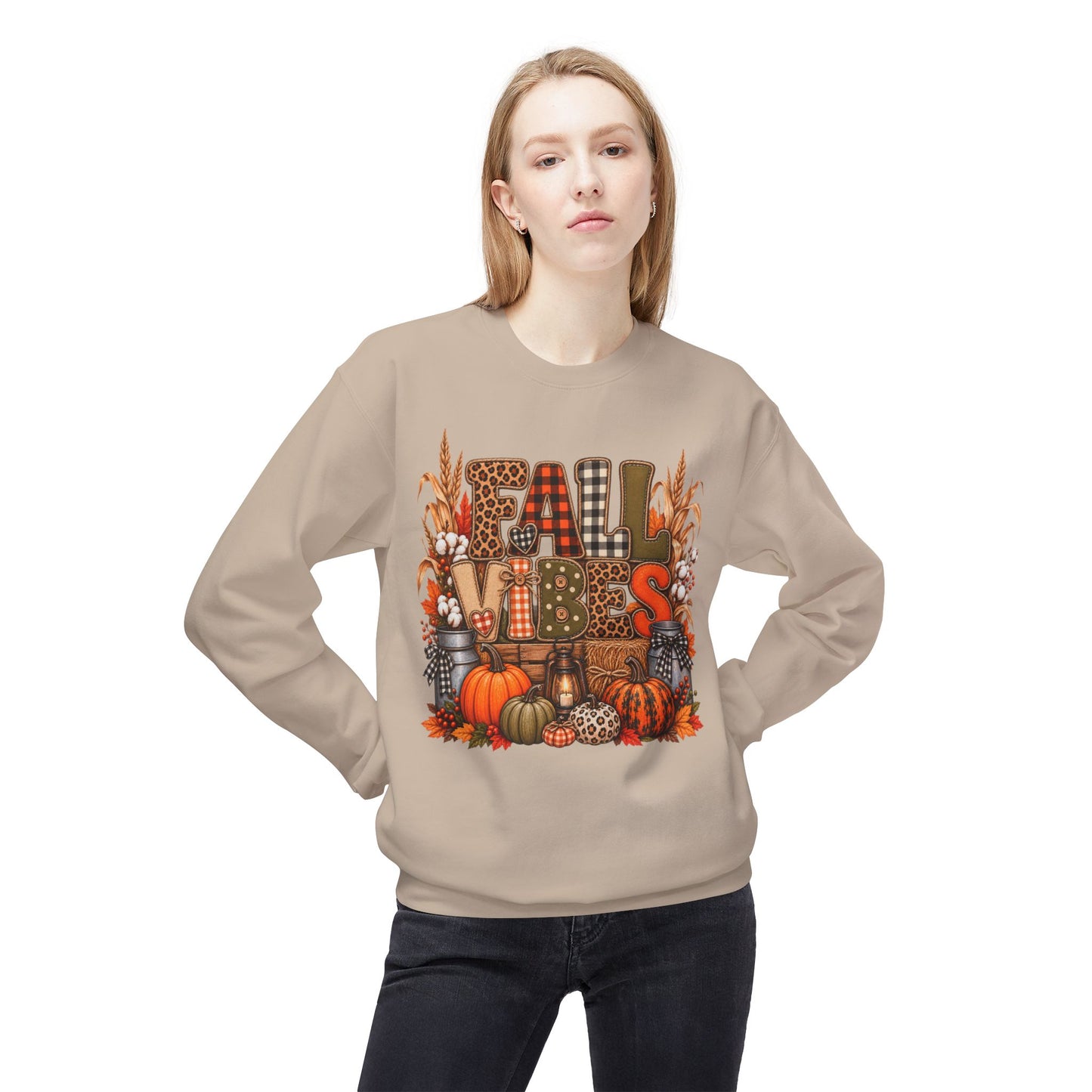 Fall Vibes Crewneck Sweatshirt — Pumpkin, Plaid & Harvest Graphic