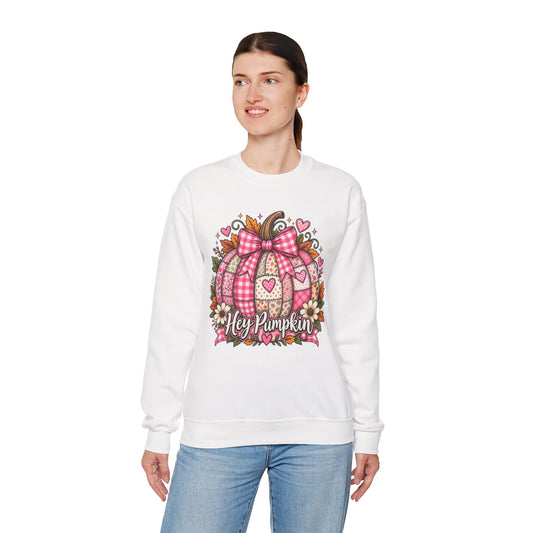 Hey Pumpkin Sweatshirt — Pink Plaid Pumpkin Crewneck for Fall & Valentine’s