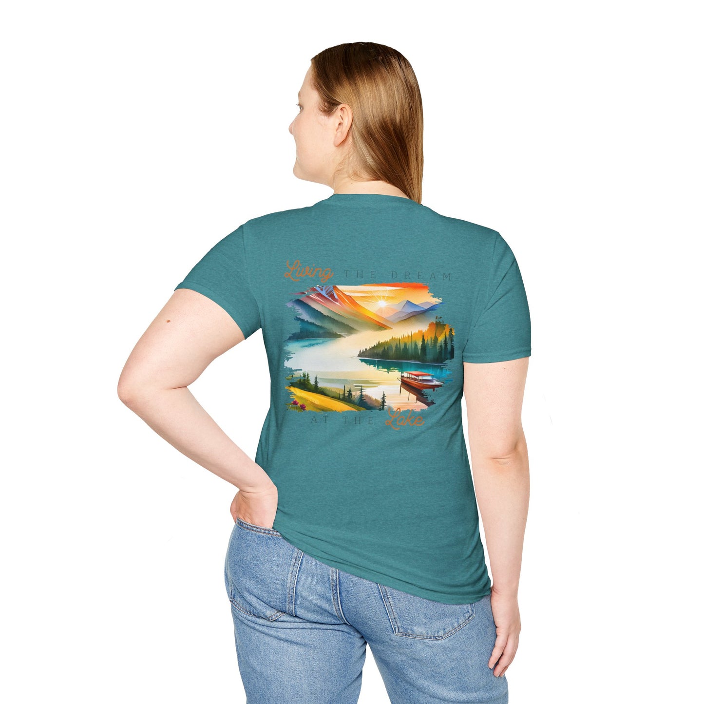 Lake Life T-Shirt — "Living the Dream at the Lake" Boat & Mountain Scene