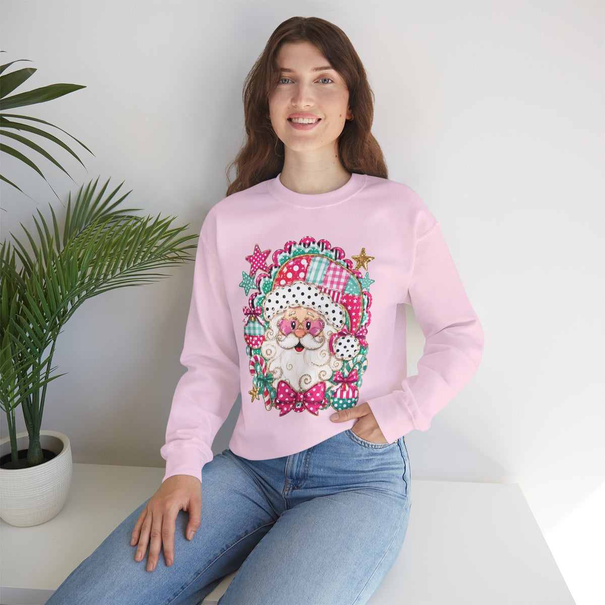 Pink Patchwork Santa Sweatshirt — Cute Christmas Crewneck for Women & Kids