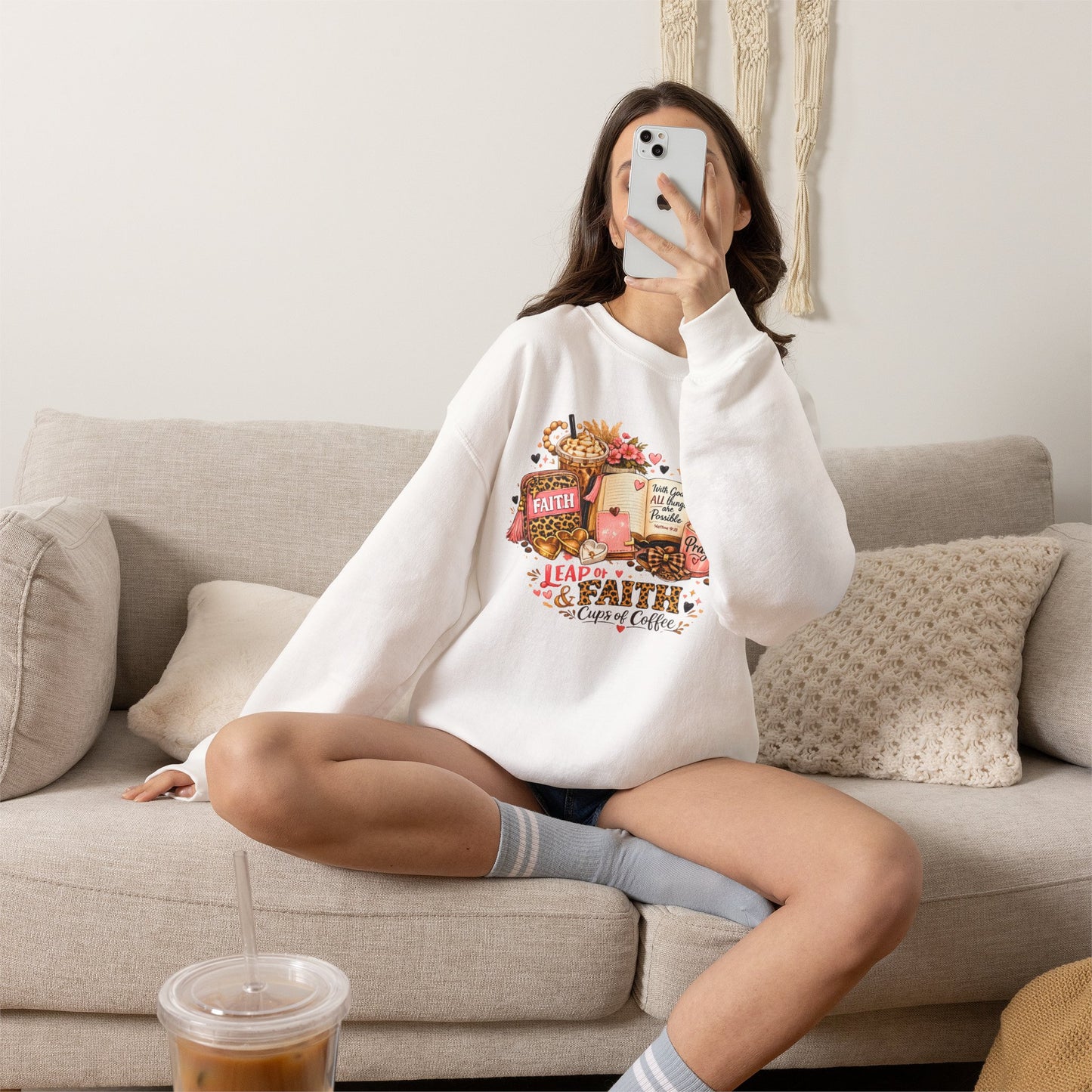 Faith & Coffee Crewneck Sweatshirt — 'Leap of Faith' Christian Cozy Pullover