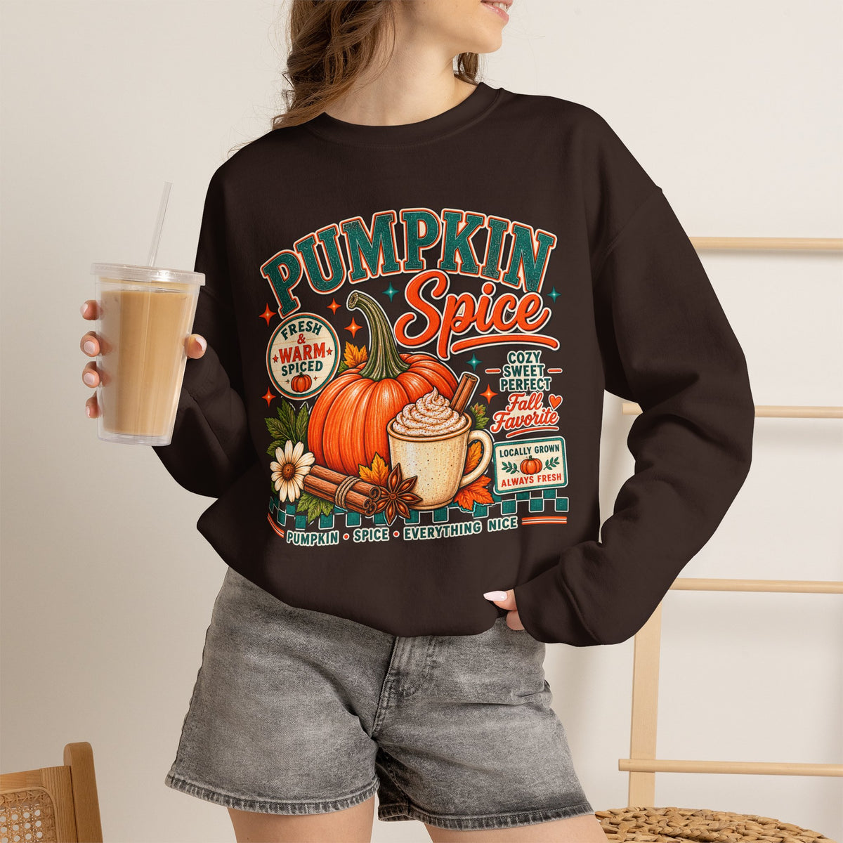 Pumpkin Spice Crewneck Sweatshirt — Cozy Fall Pumpkin Latte Graphic