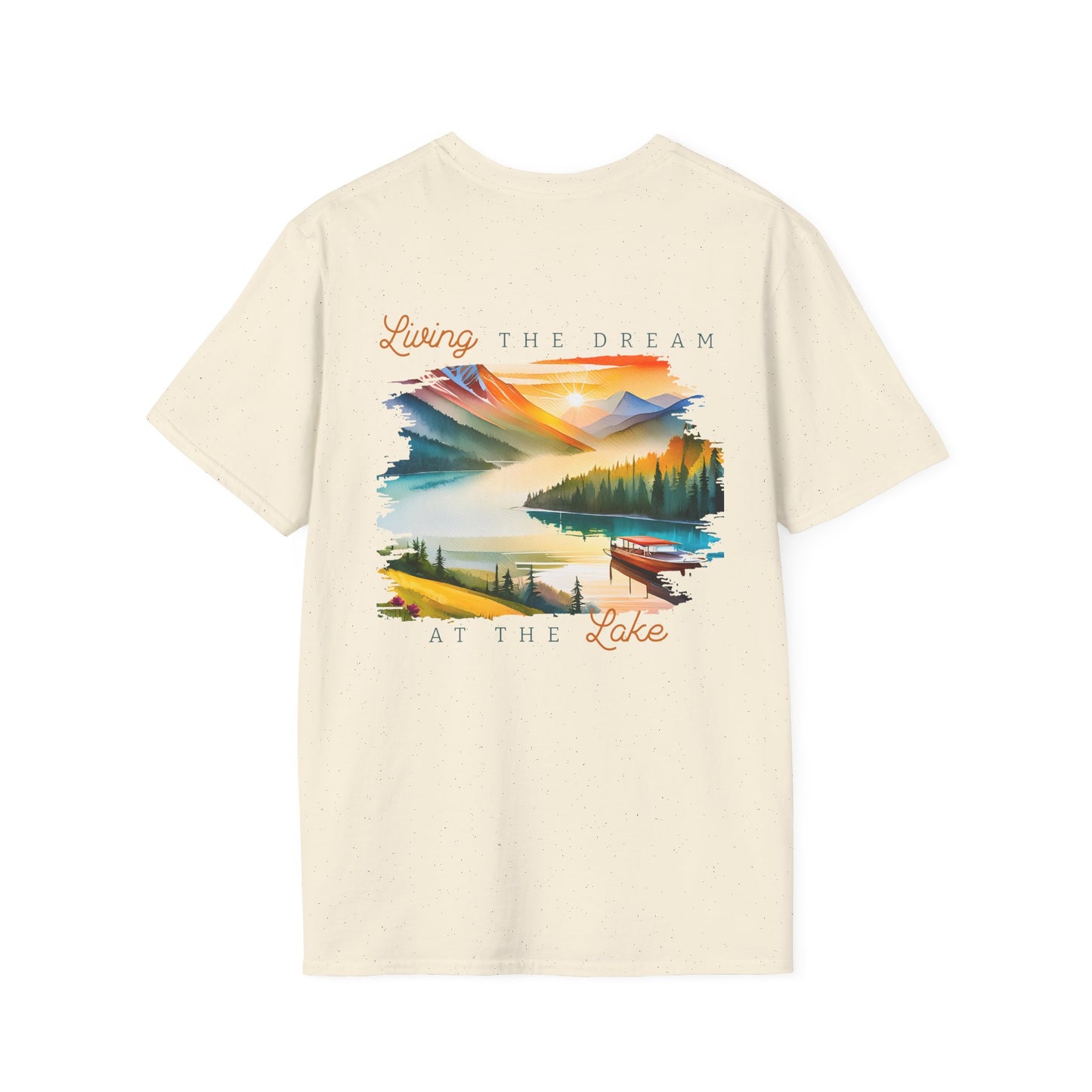 Lake Life T-Shirt — "Living the Dream at the Lake" Boat & Mountain Scene