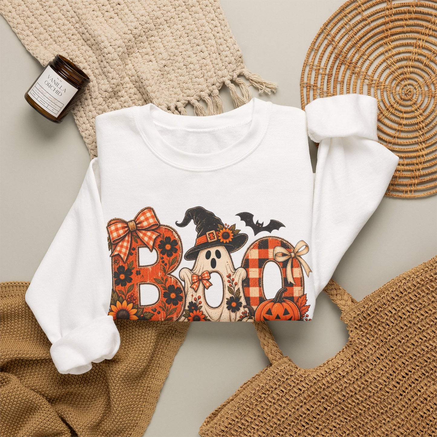 Halloween "Boo" Crewneck Sweatshirt — Cute Pumpkin & Ghost Fall Pullover
