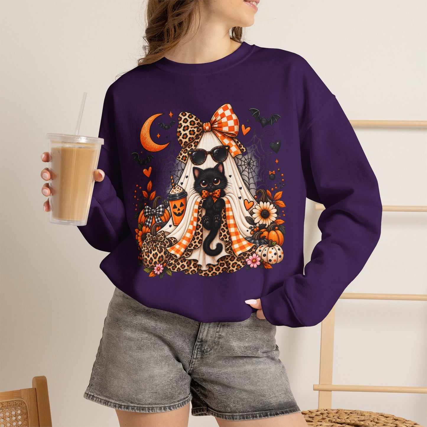 Halloween Black Cat Crewneck Sweatshirt — Cute Spooky Fall Sweater