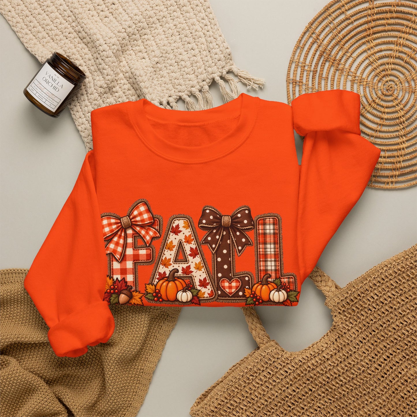 Fall Plaid Crewneck Sweatshirt — Autumn Pumpkins & Bows Design
