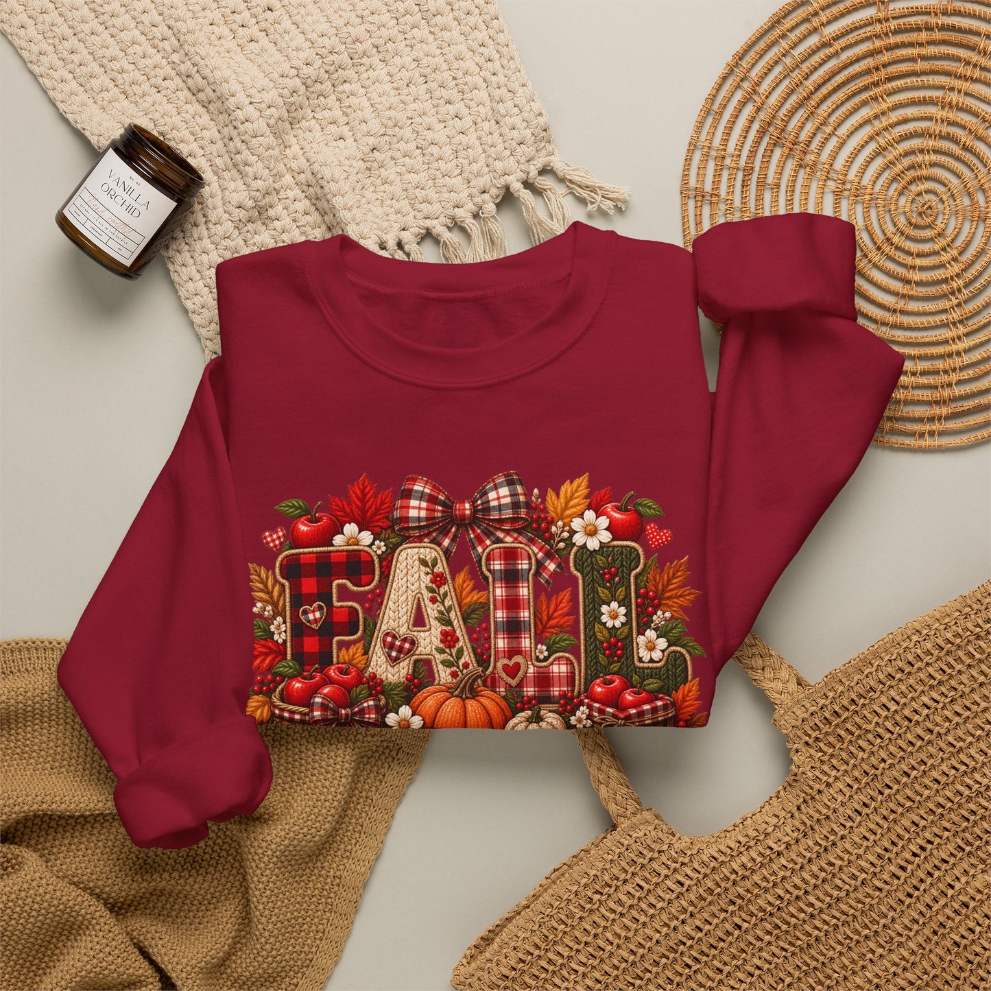 Fall Farmhouse Crewneck Sweatshirt — Pumpkin, Plaid & Autumn Decor Graphic