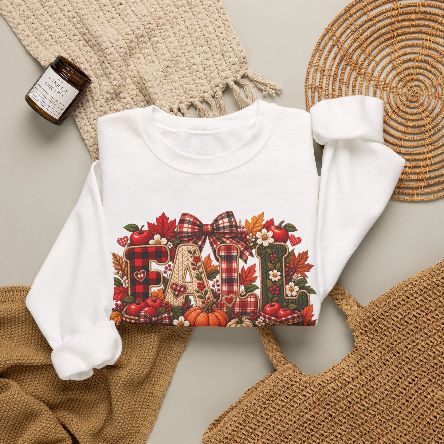 Fall Farmhouse Crewneck Sweatshirt — Pumpkin, Plaid & Autumn Decor Graphic