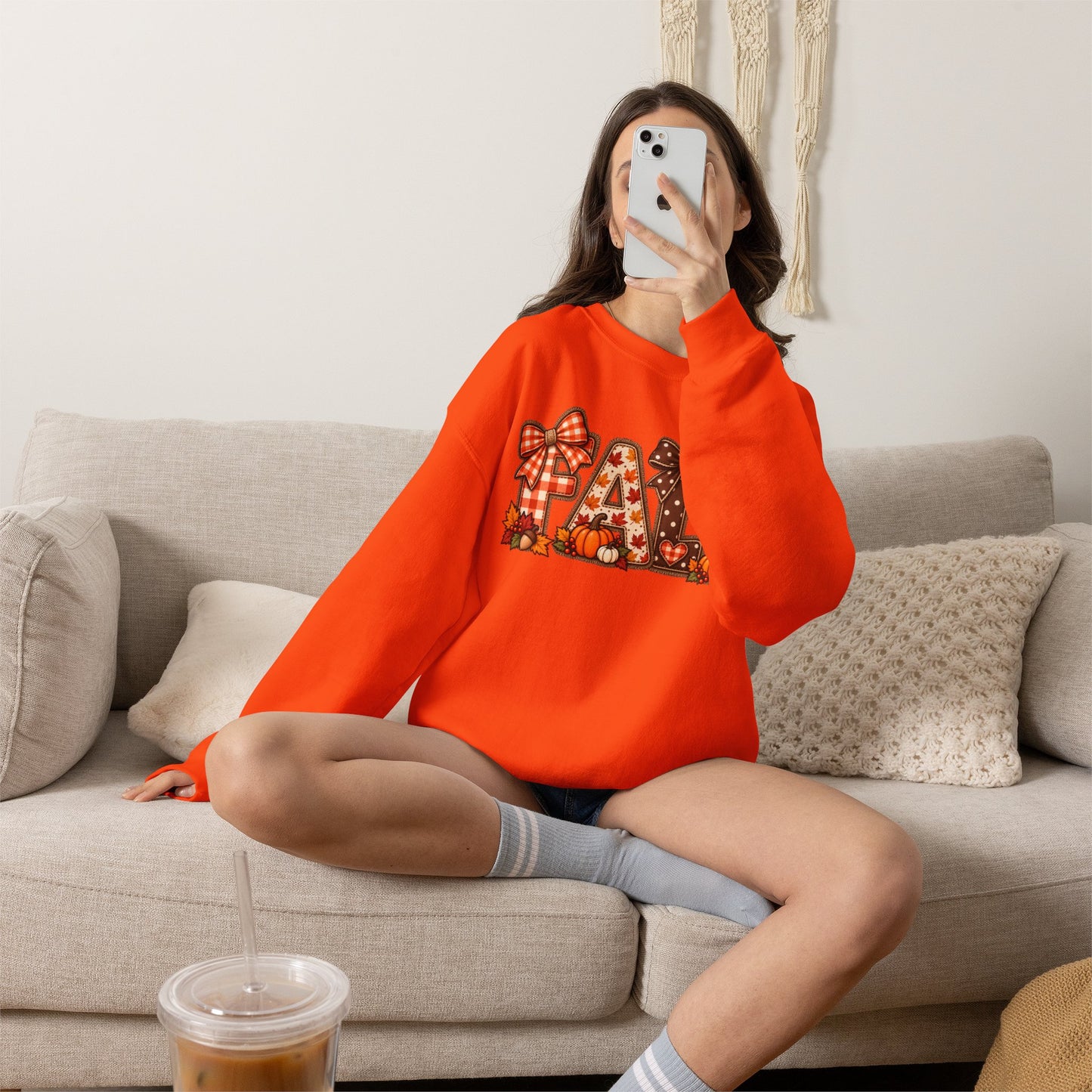 Fall Plaid Crewneck Sweatshirt — Autumn Pumpkins & Bows Design