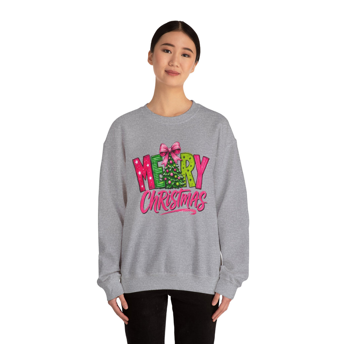 Crewneck Sweatshirt — Merry Christmas Pink & Green Holiday Tree Graphic