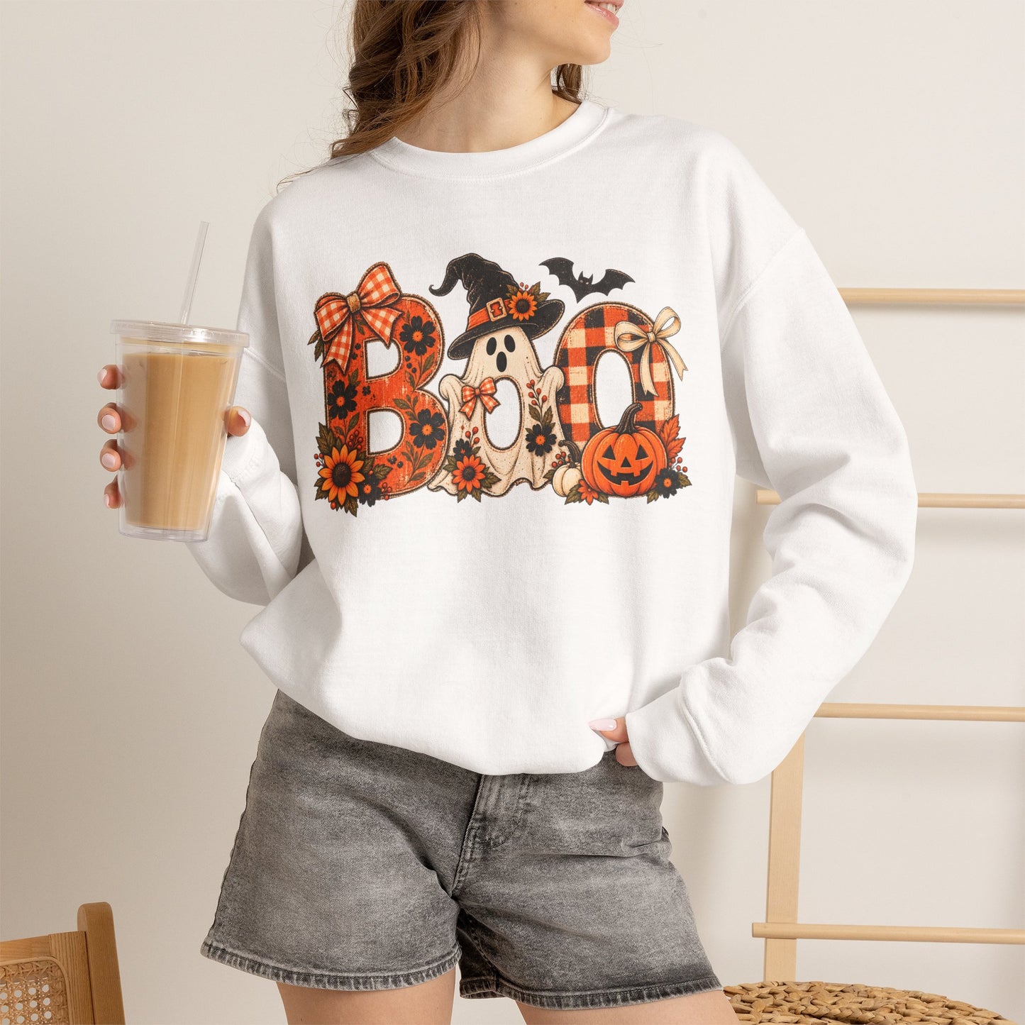 Halloween "Boo" Crewneck Sweatshirt — Cute Pumpkin & Ghost Fall Pullover