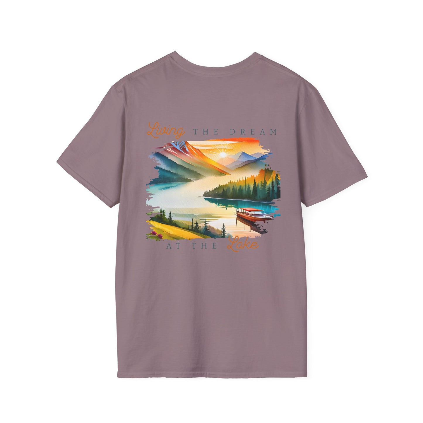 Lake Life T-Shirt — "Living the Dream at the Lake" Boat & Mountain Scene
