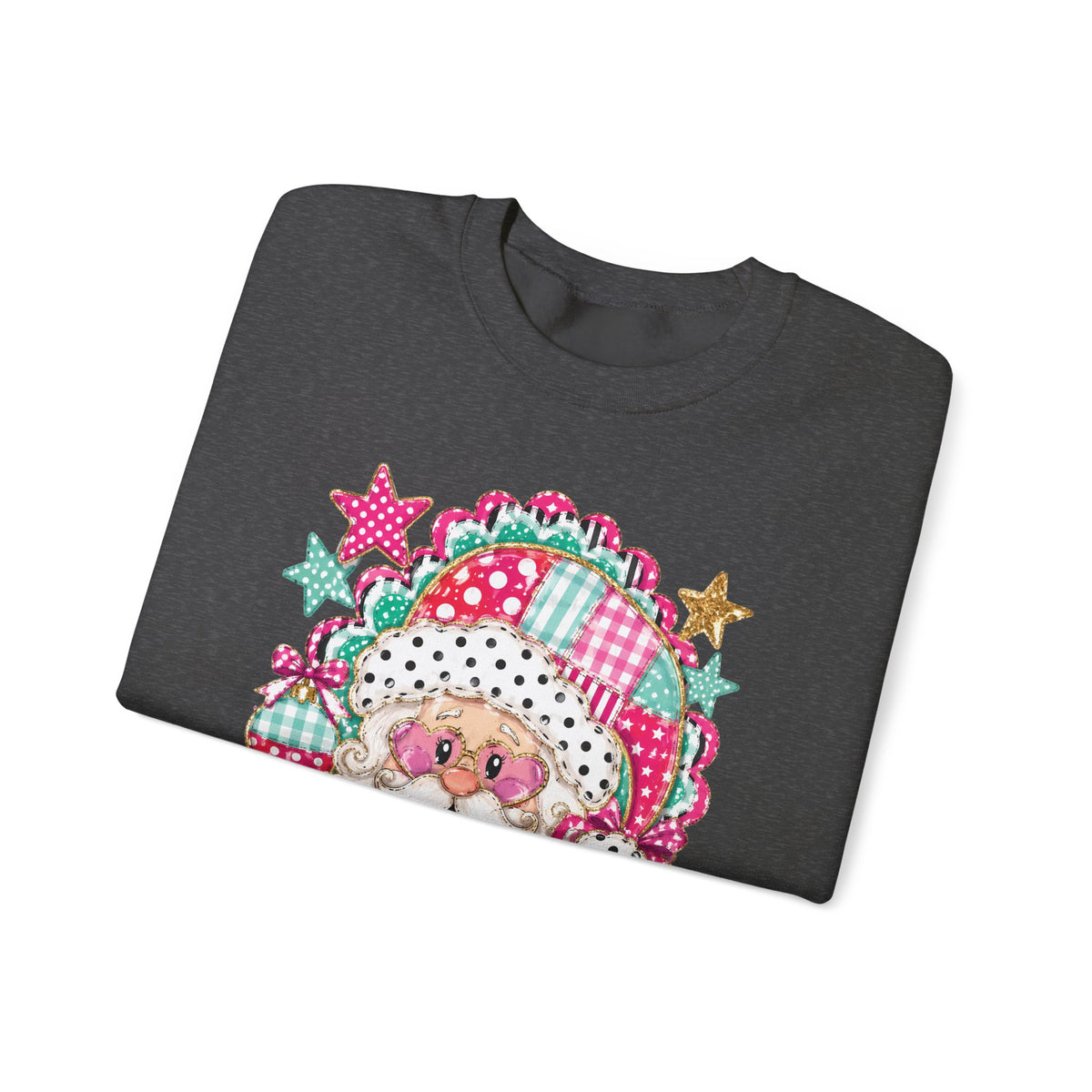 Pink Patchwork Santa Sweatshirt — Cute Christmas Crewneck for Women & Kids