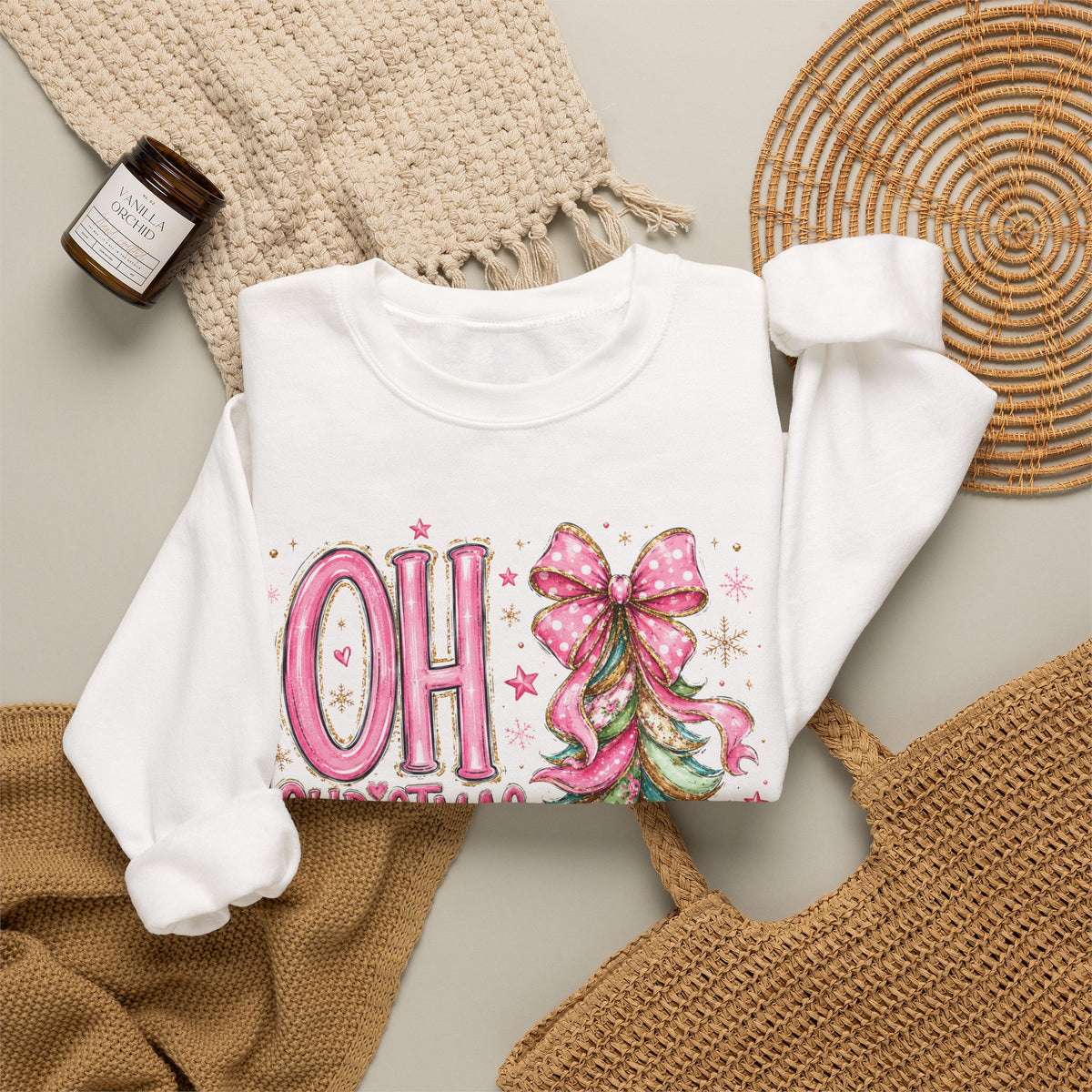 Oh Christmas Tree Sweatshirt | Pink Bow Christmas Crewneck for Women | Girly Holiday Graphic Sweatshirt