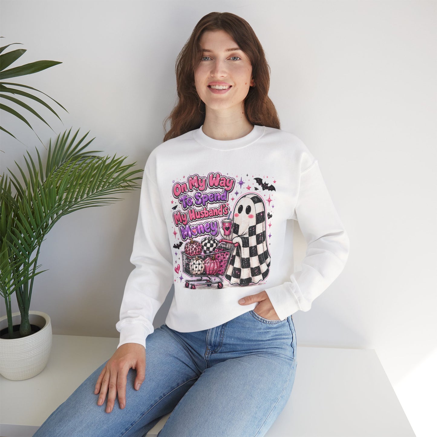 Ghost Shopping Crewneck Sweatshirt — "On My Way to Spend My Husband’s Money" Cute Gothic Halloween Pullover