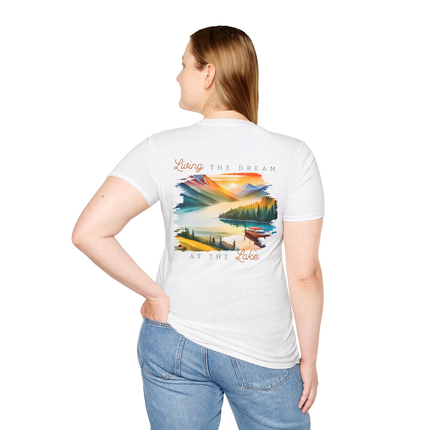 Lake Life T-Shirt — "Living the Dream at the Lake" Boat & Mountain Scene