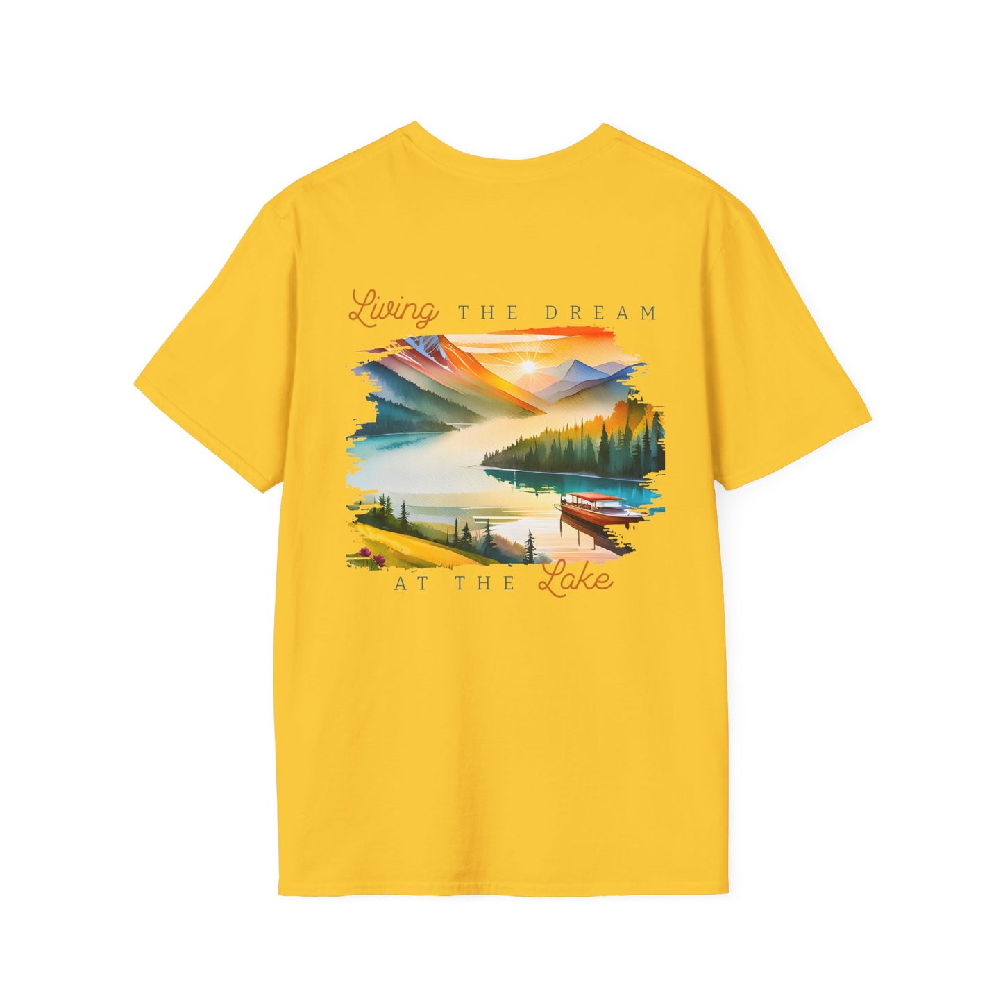 Lake Life T-Shirt — "Living the Dream at the Lake" Boat & Mountain Scene