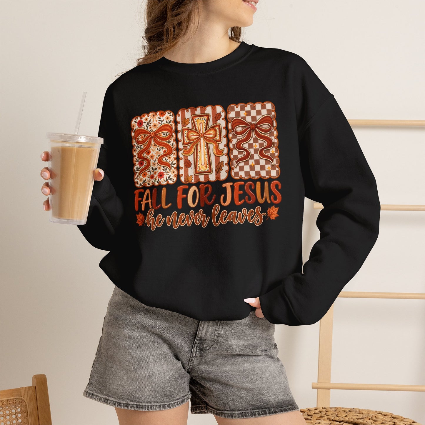 Crewneck Sweatshirt — Fall For Jesus Graphic, Autumn Leaves Faith Sweatshirt