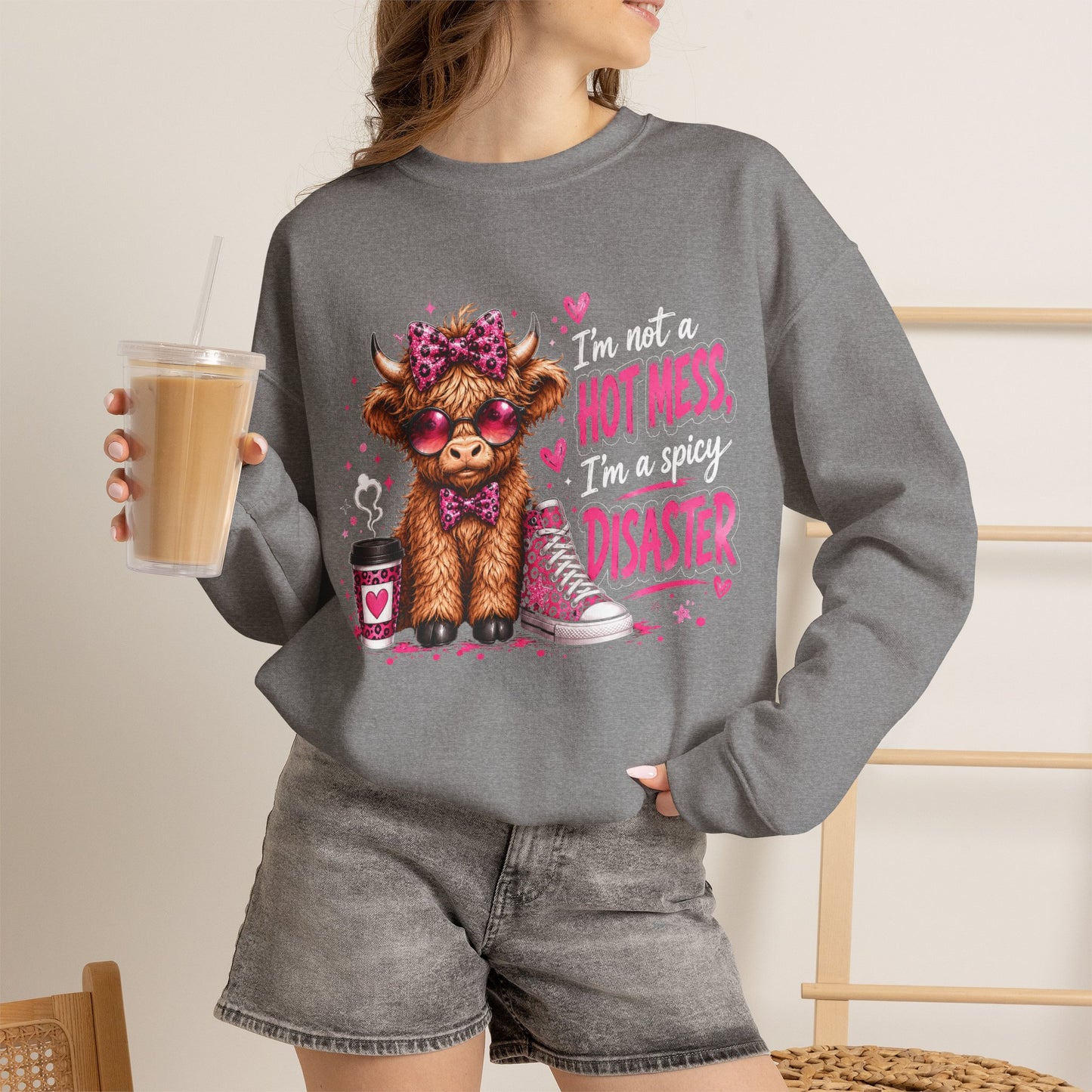 Spicy Disaster Dog Crewneck Sweatshirt — “I’m not a hot mess, I’m a spicy disaster” Graphic Sweatshirt