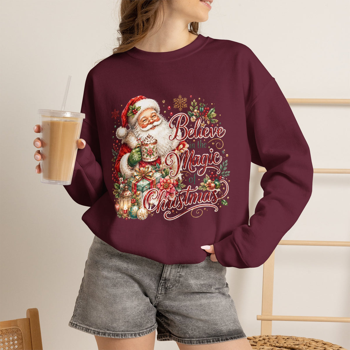 Believe in the Magic of Christmas Sweatshirt | Vintage Santa Christmas Crewneck for Women