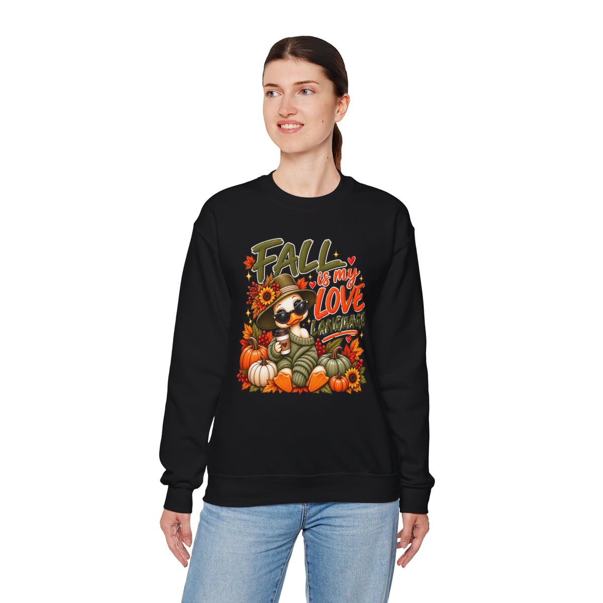 Fall Is My Love Language Sweatshirt — Cute Duck & Pumpkin Autumn Crewneck