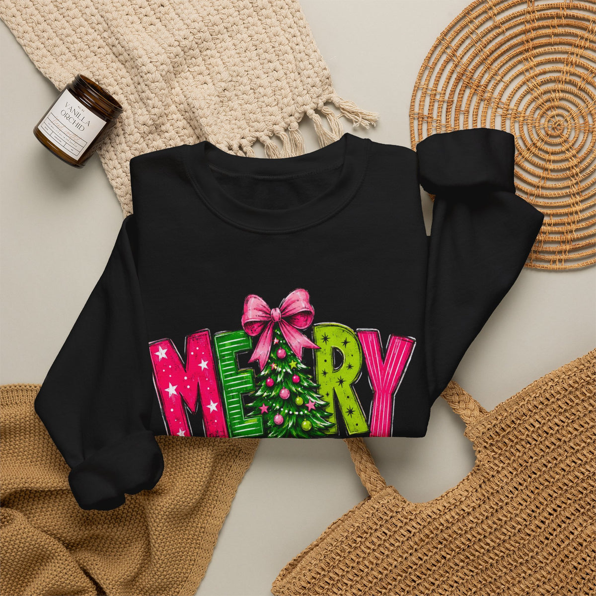 Crewneck Sweatshirt — Merry Christmas Pink & Green Holiday Tree Graphic