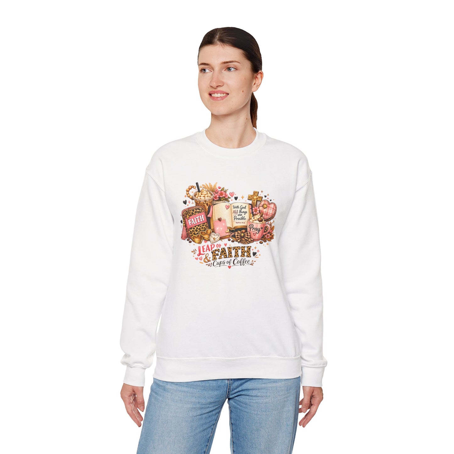 Faith & Coffee Crewneck Sweatshirt — 'Leap of Faith' Christian Cozy Pullover