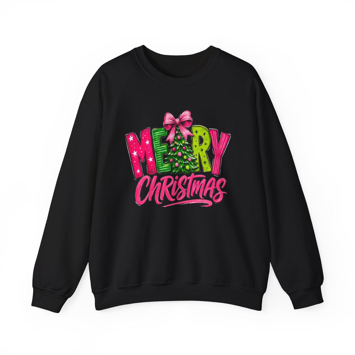 Crewneck Sweatshirt — Merry Christmas Pink & Green Holiday Tree Graphic