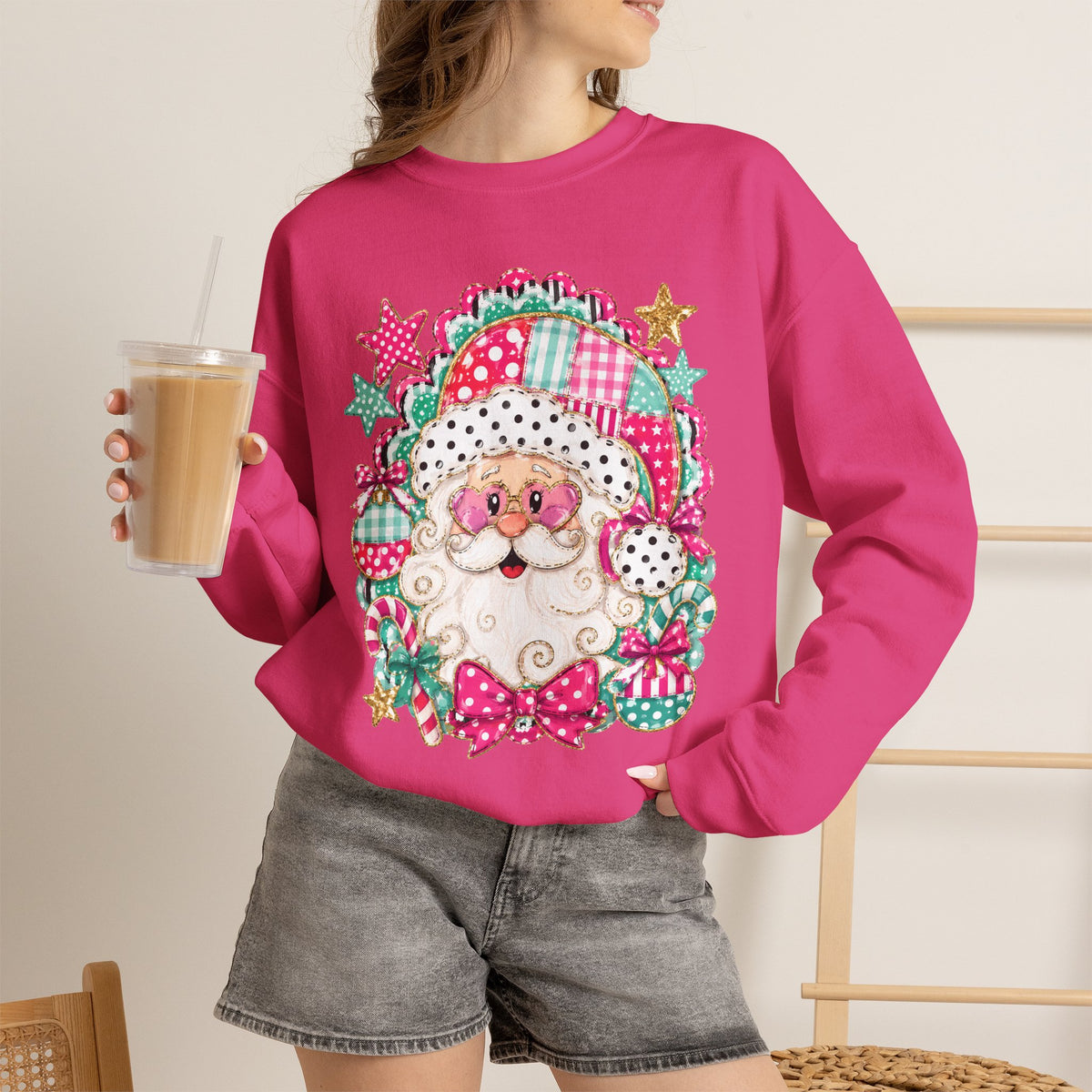 Pink Patchwork Santa Sweatshirt — Cute Christmas Crewneck for Women & Kids