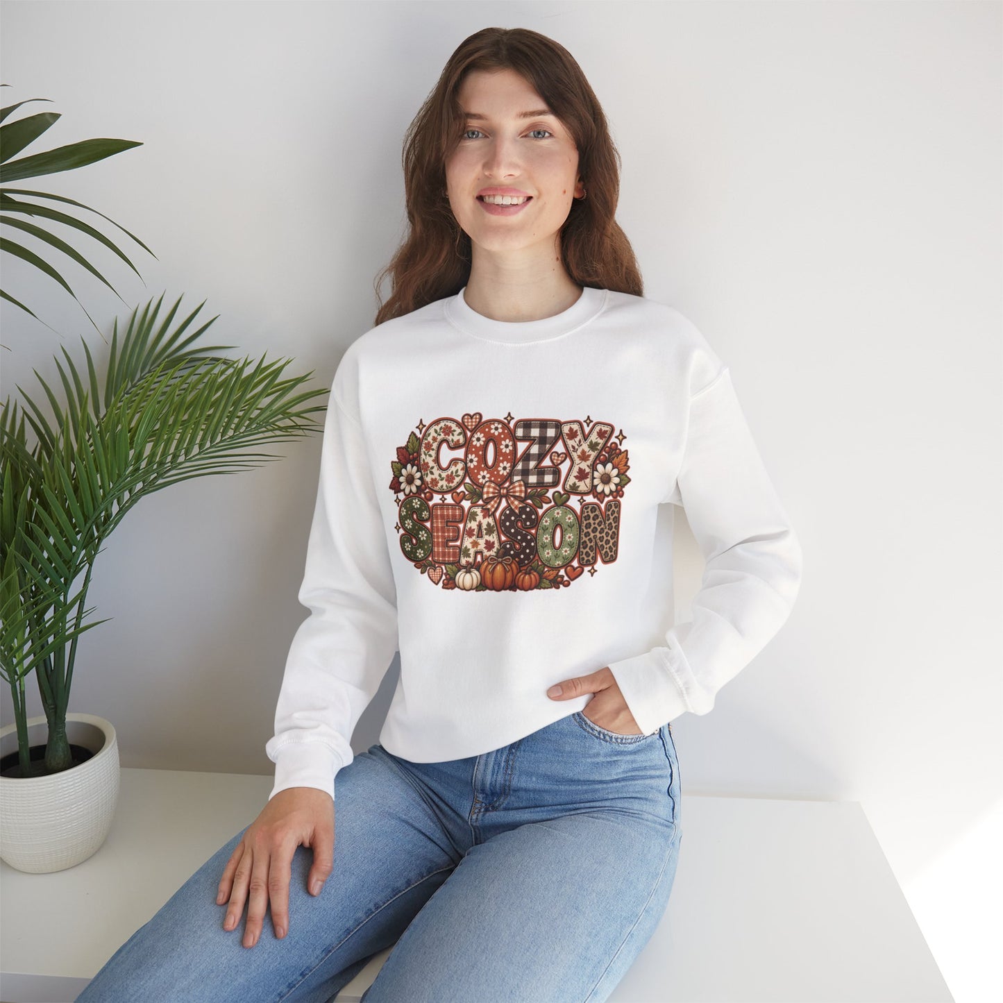 Cozy Season lettering crewneck | autumn pumpkins leaves sweatshirt