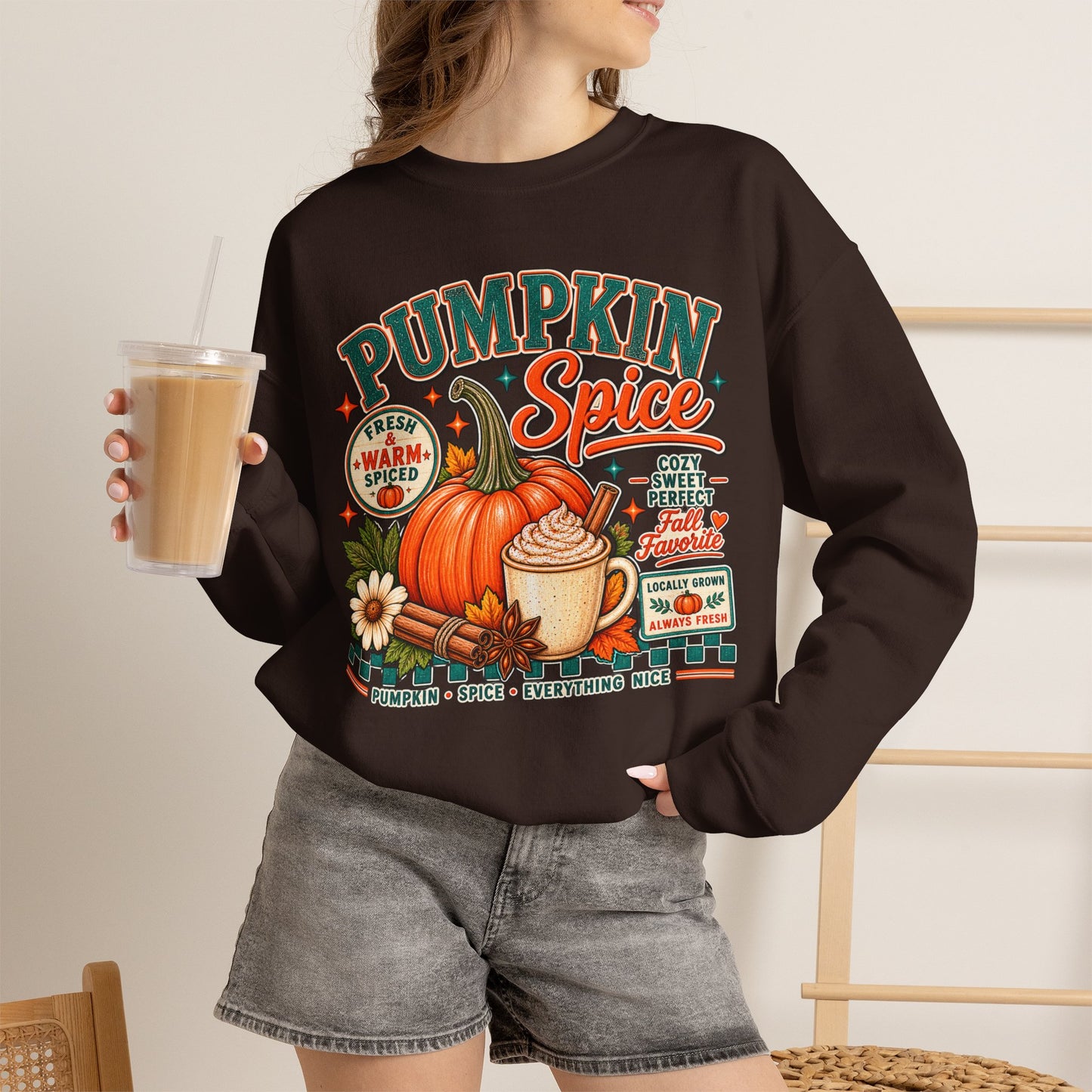 Pumpkin Spice Crewneck Sweatshirt — Cozy Fall Pumpkin Latte Graphic
