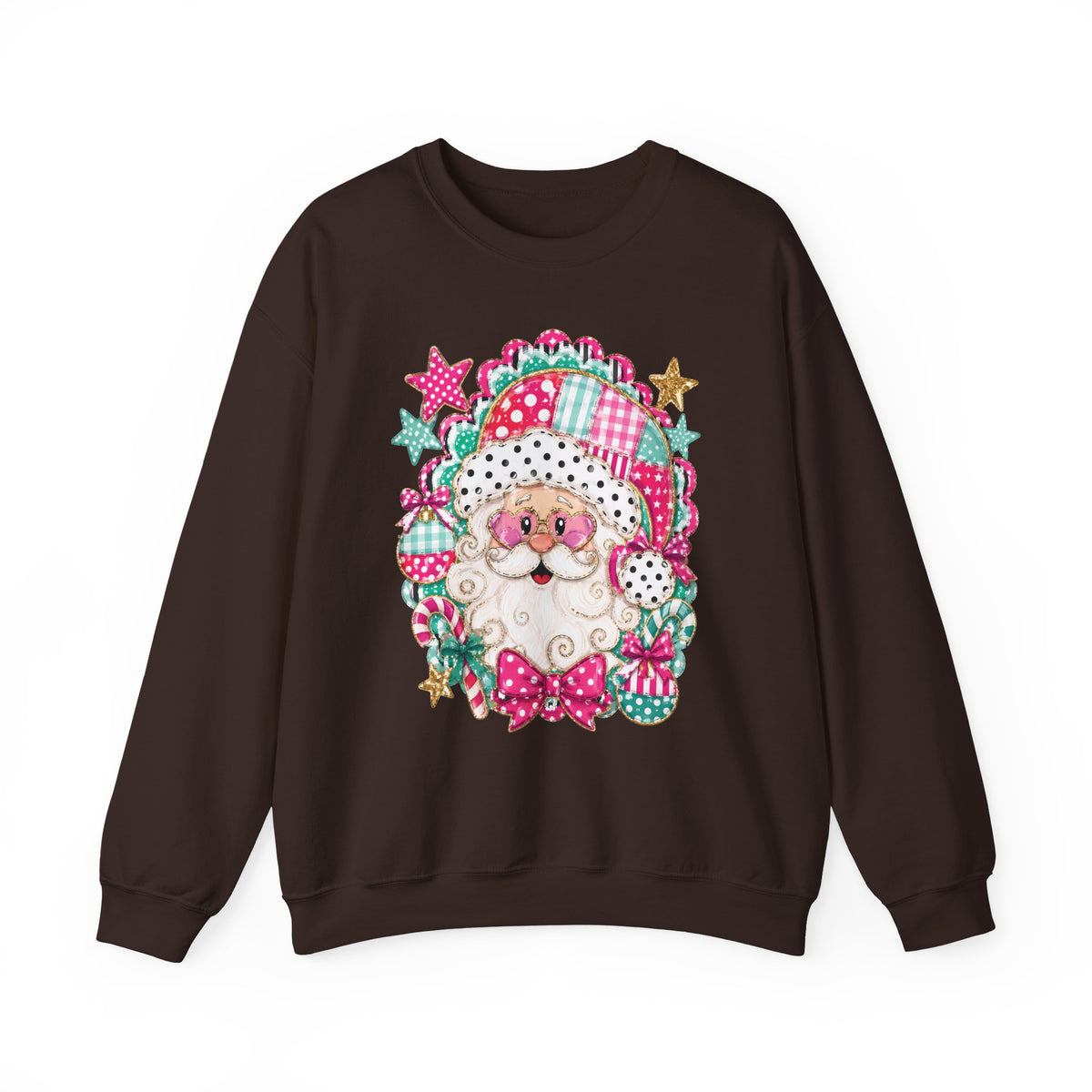 Pink Patchwork Santa Sweatshirt — Cute Christmas Crewneck for Women & Kids
