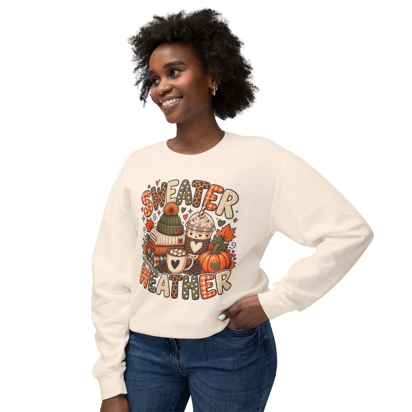 Sweater Weather Crewneck Sweatshirt – Cozy Fall Pumpkin & Hot Cocoa Graphic