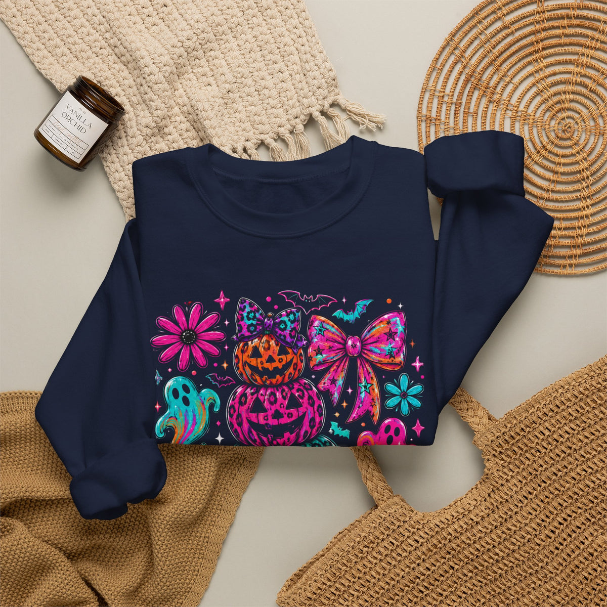 Spooky Season Sweatshirt — Colorful Neon Halloween Pumpkin & Ghost Crewneck