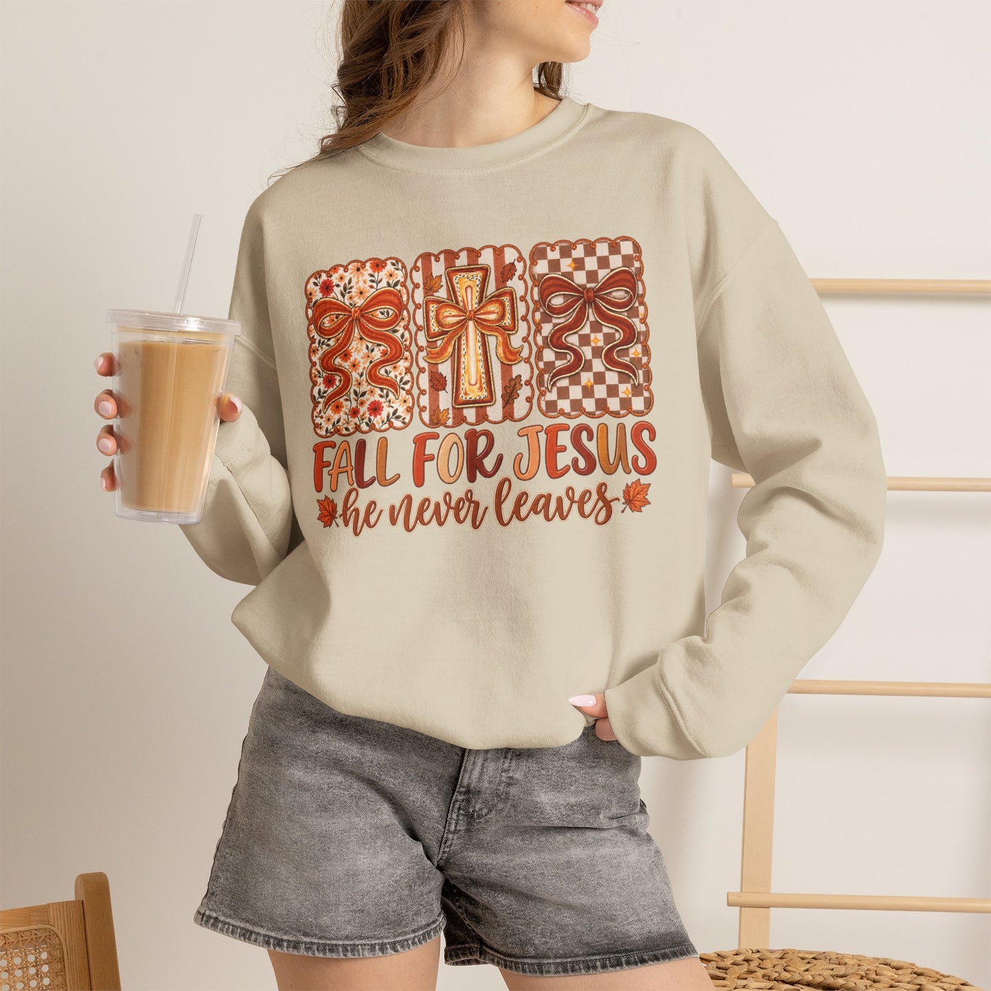 Crewneck Sweatshirt — Fall For Jesus Graphic, Autumn Leaves Faith Sweatshirt