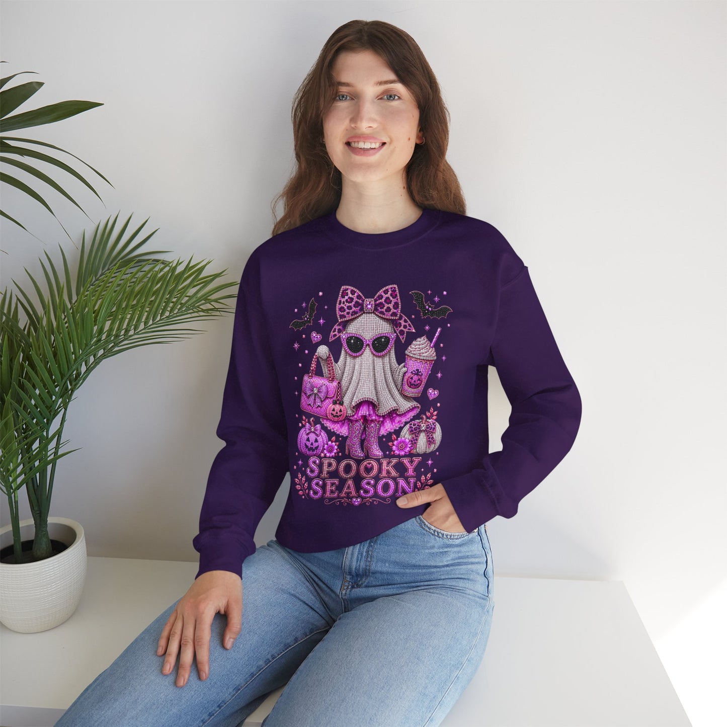Spooky Season Ghost Crewneck Sweatshirt — Cute Pink Halloween Graphic
