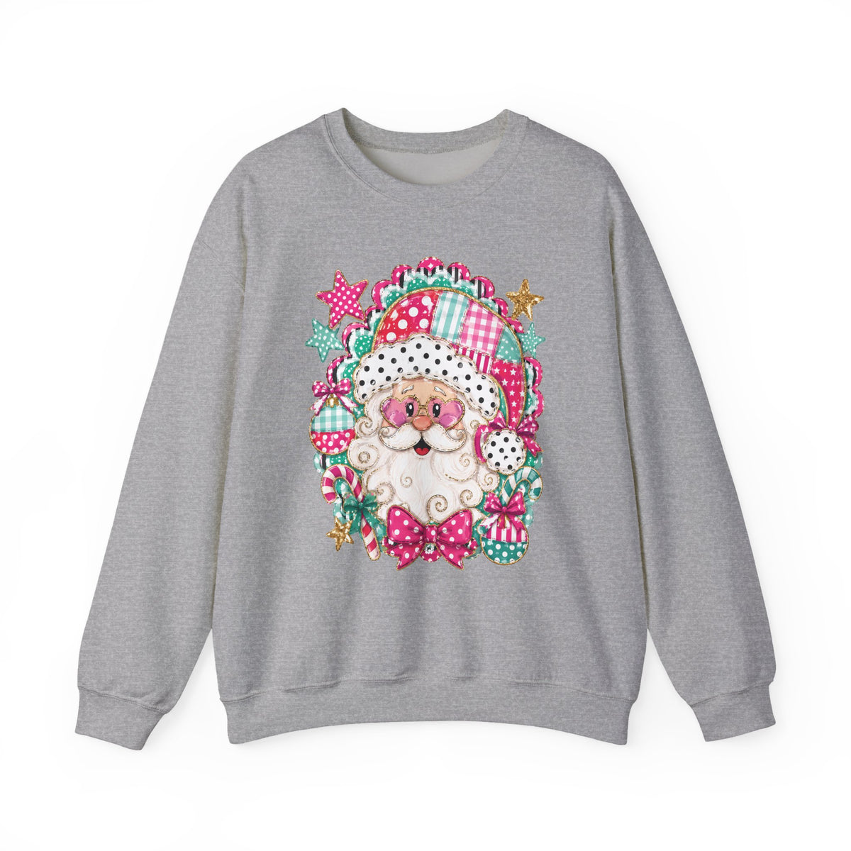 Pink Patchwork Santa Sweatshirt — Cute Christmas Crewneck for Women & Kids