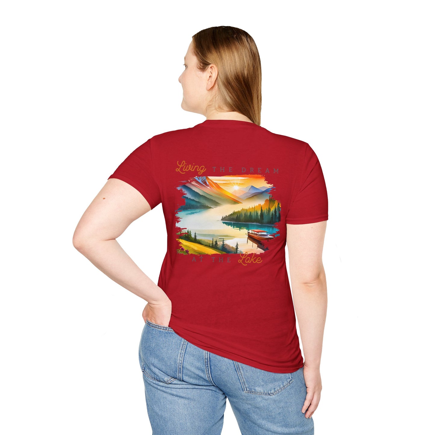 Lake Life T-Shirt — "Living the Dream at the Lake" Boat & Mountain Scene