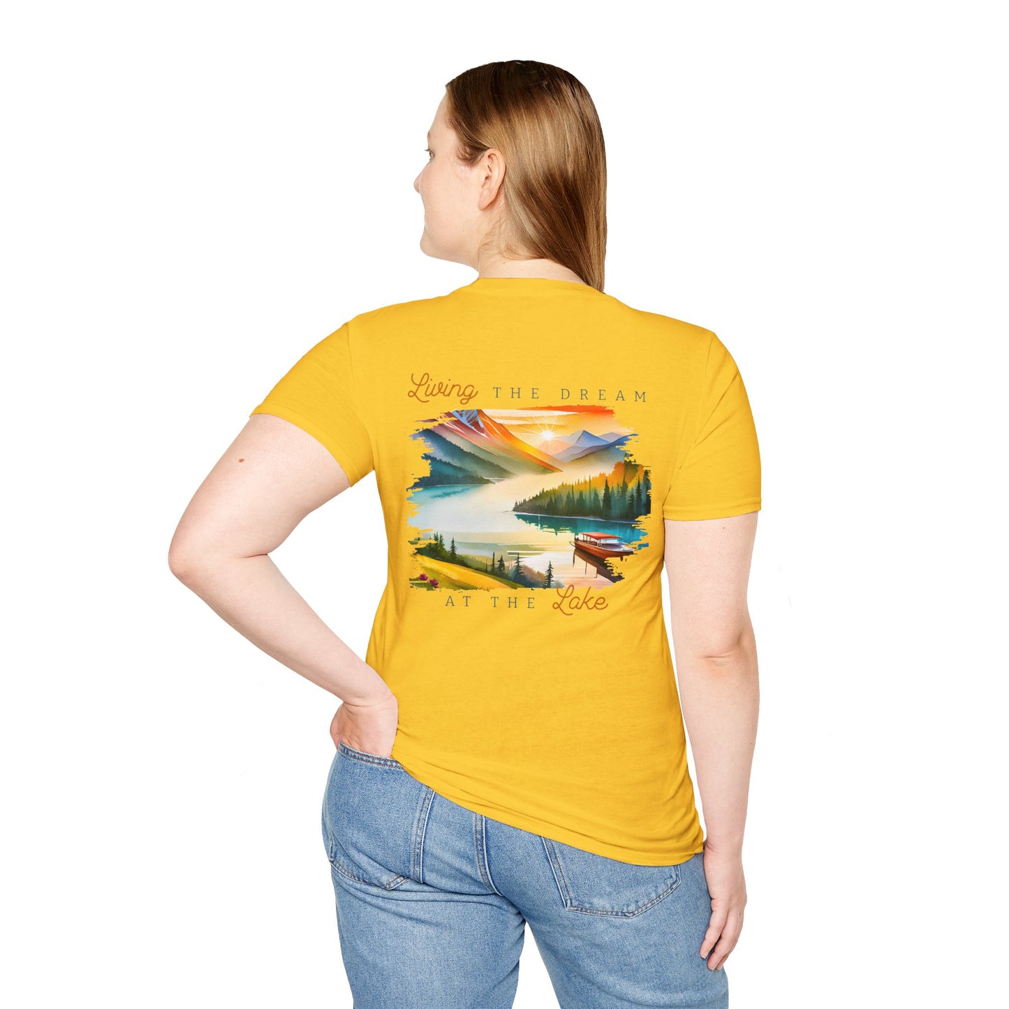 Lake Life T-Shirt — "Living the Dream at the Lake" Boat & Mountain Scene
